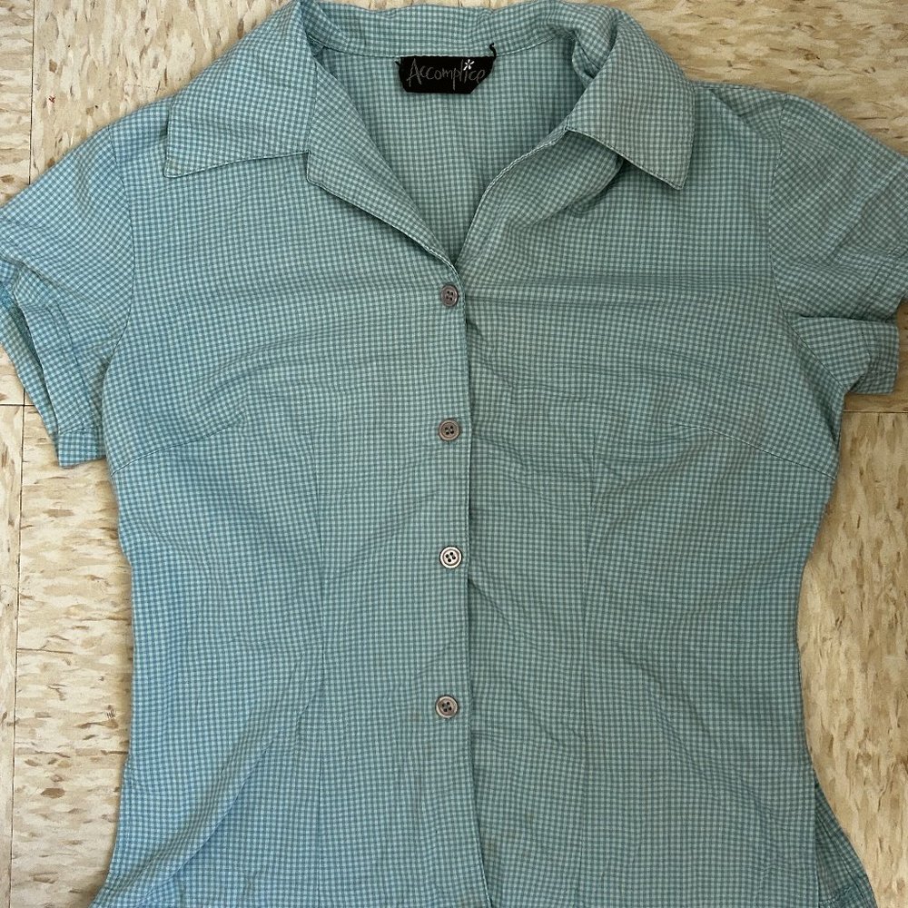 blue button up plaid shirt